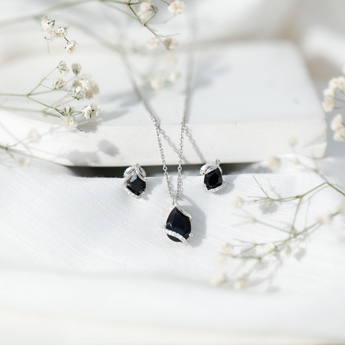 Pear Shaped Black Spinel and Moissanite Teardrop Necklace Earrings Set Rosec Jewels