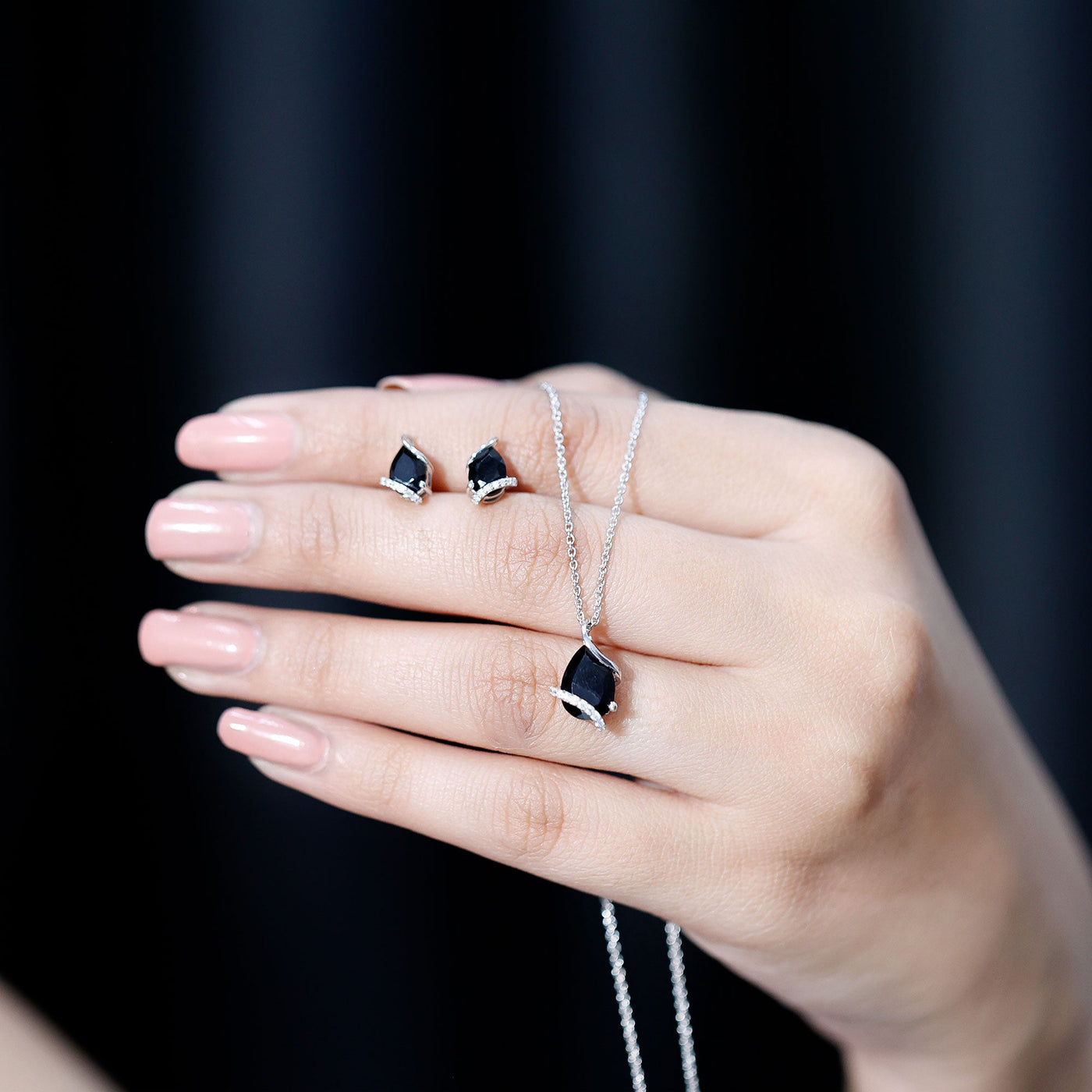 Pear Shaped Black Spinel and Moissanite Teardrop Necklace Earrings Set Rosec Jewels