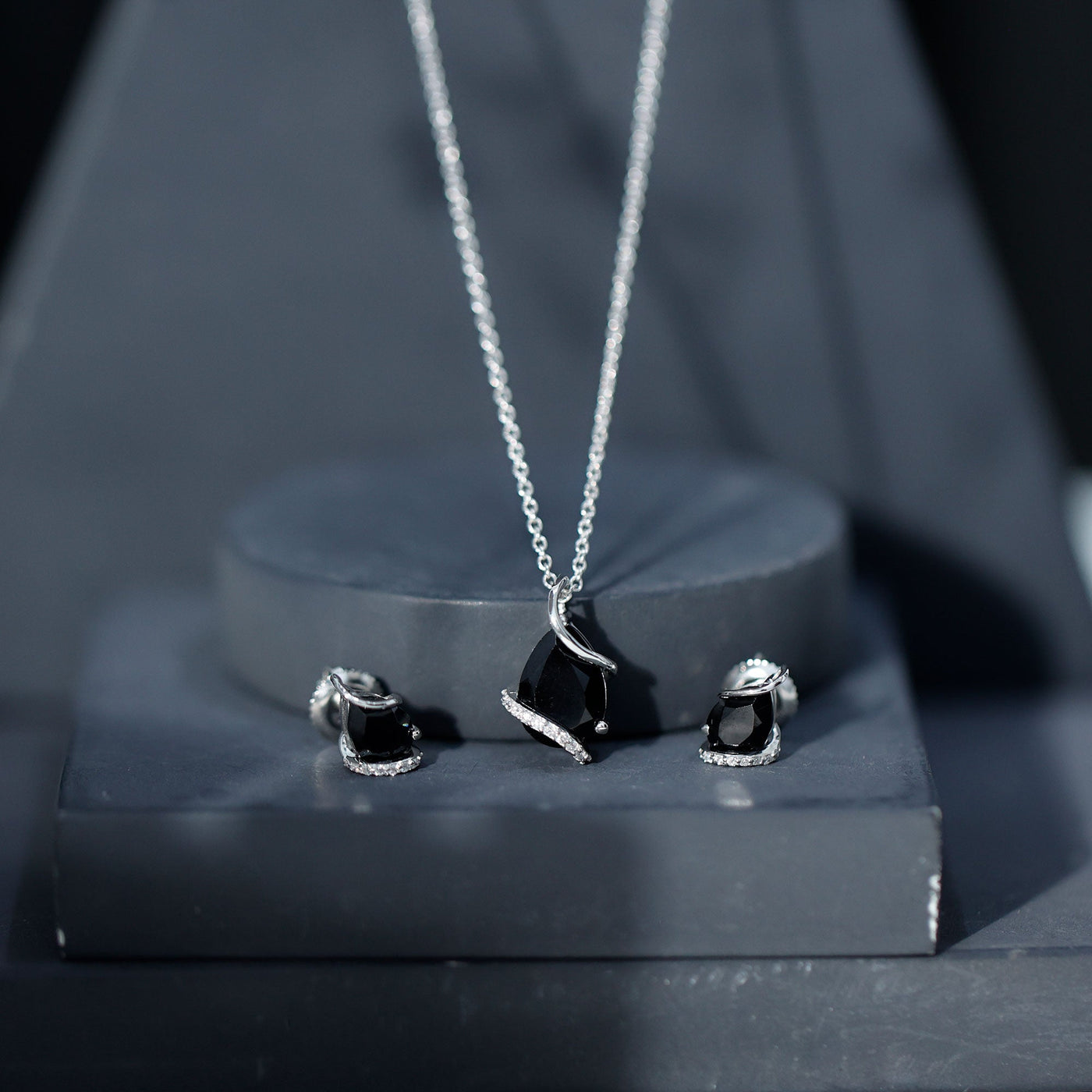 Pear Shaped Black Spinel and Moissanite Teardrop Necklace Earrings Set Rosec Jewels