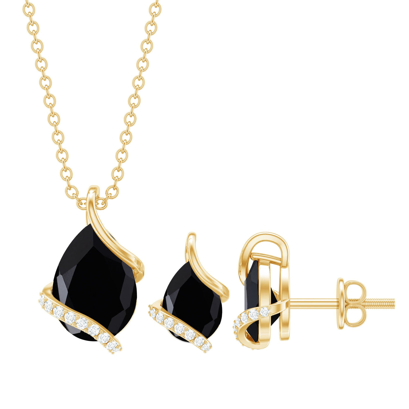 Pear Shaped Black Spinel and Moissanite Teardrop Necklace Earrings Set Rosec Jewels