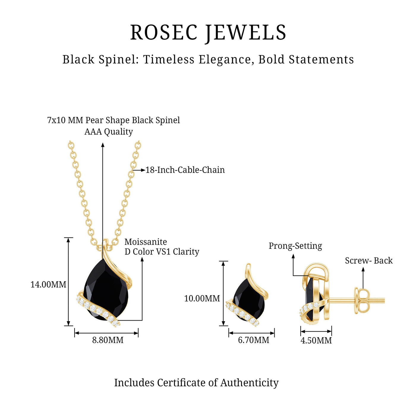 Pear Shaped Black Spinel and Moissanite Teardrop Necklace Earrings Set Rosec Jewels