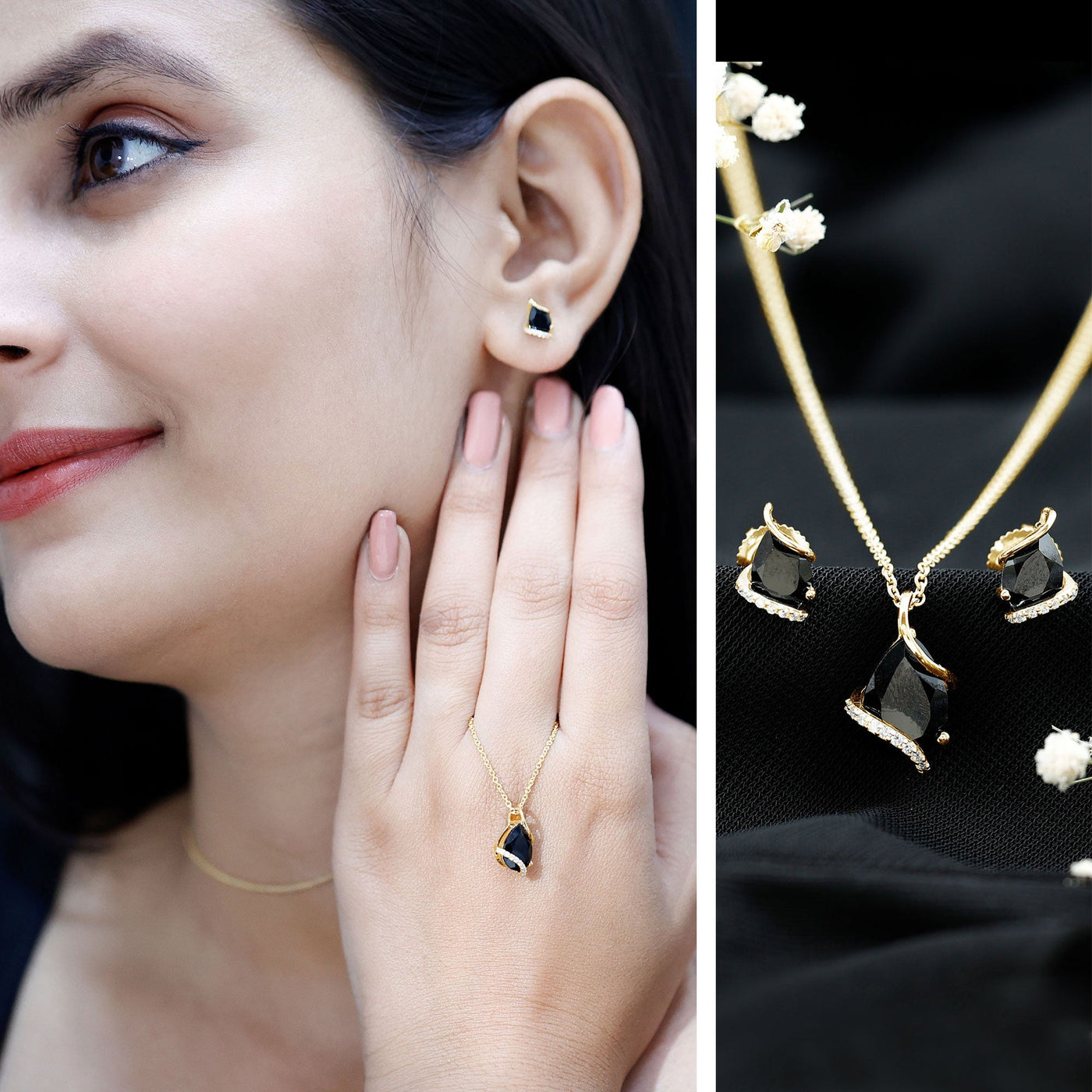 Pear Shaped Black Spinel and Moissanite Teardrop Necklace Earrings Set Rosec Jewels