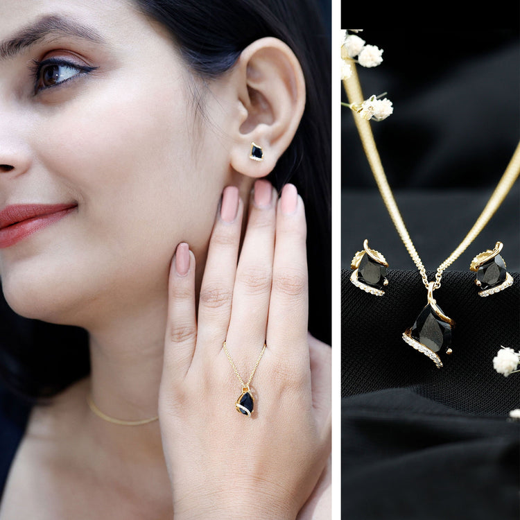 Pear Shaped Black Spinel and Moissanite Teardrop Necklace Earrings Set Rosec Jewels