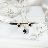 Pear Shaped Black Spinel and Moissanite Teardrop Necklace Earrings Set Rosec Jewels