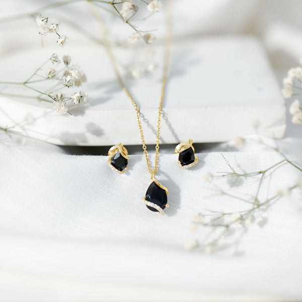 Pear Shaped Black Spinel and Moissanite Teardrop Necklace Earrings Set Rosec Jewels
