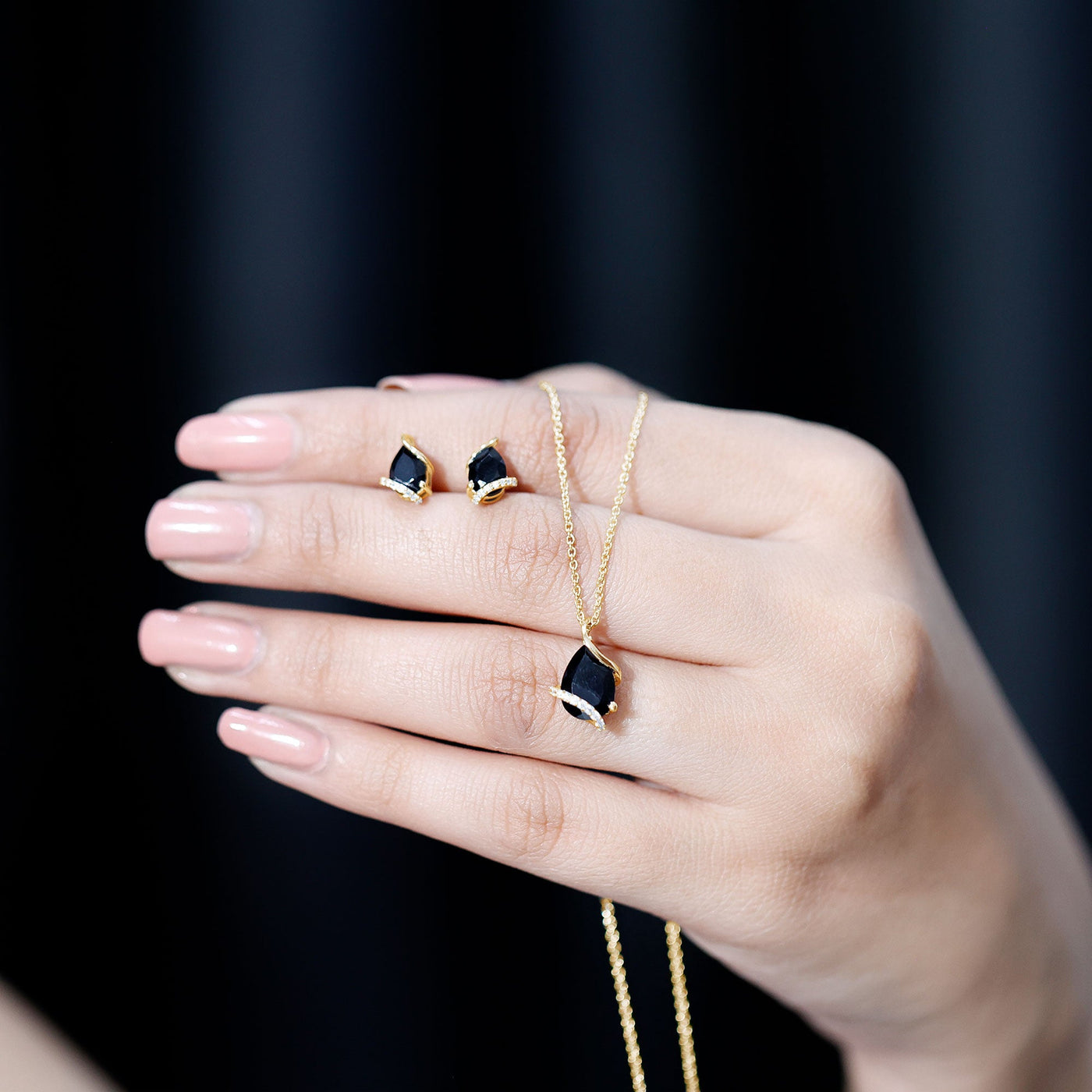Pear Shaped Black Spinel and Moissanite Teardrop Necklace Earrings Set Rosec Jewels