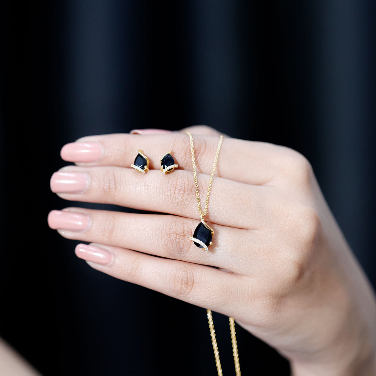 Pear Shaped Black Spinel and Moissanite Teardrop Necklace Earrings Set Rosec Jewels