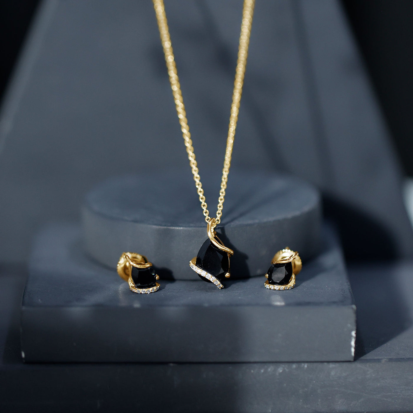 Pear Shaped Black Spinel and Moissanite Teardrop Necklace Earrings Set Rosec Jewels