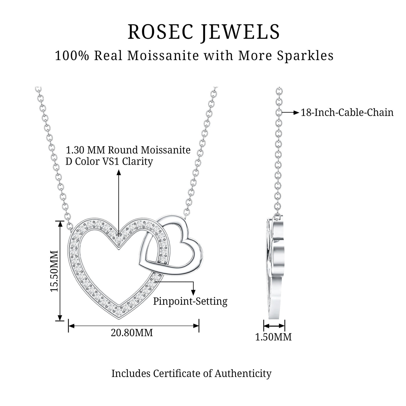 Certified Moissanite Double Heart Necklace for Women Rosec Jewels