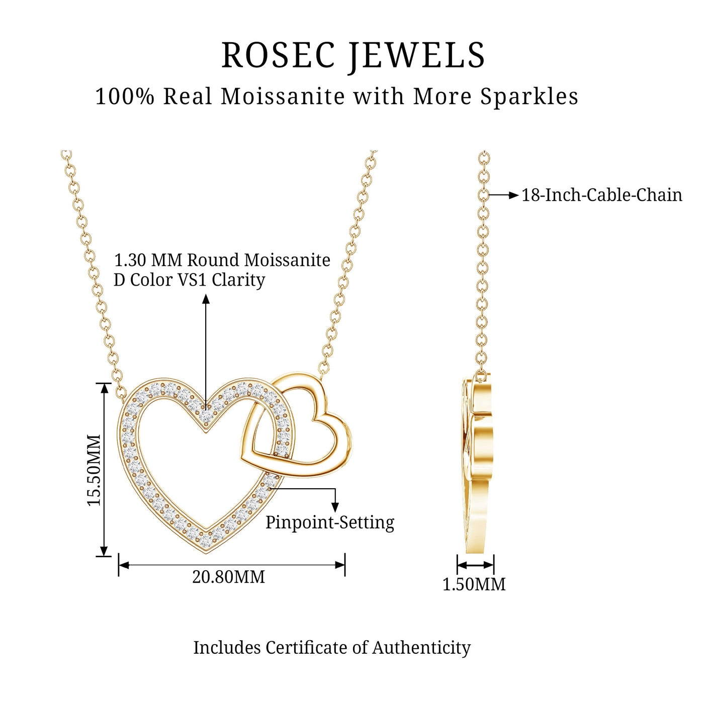Certified Moissanite Double Heart Necklace for Women Rosec Jewels