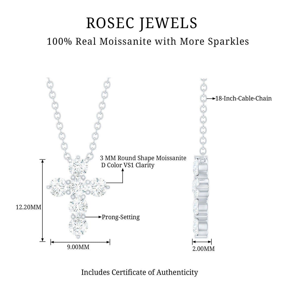 Round Cut Moissanite Cross Pendant Necklace Rosec Jewels