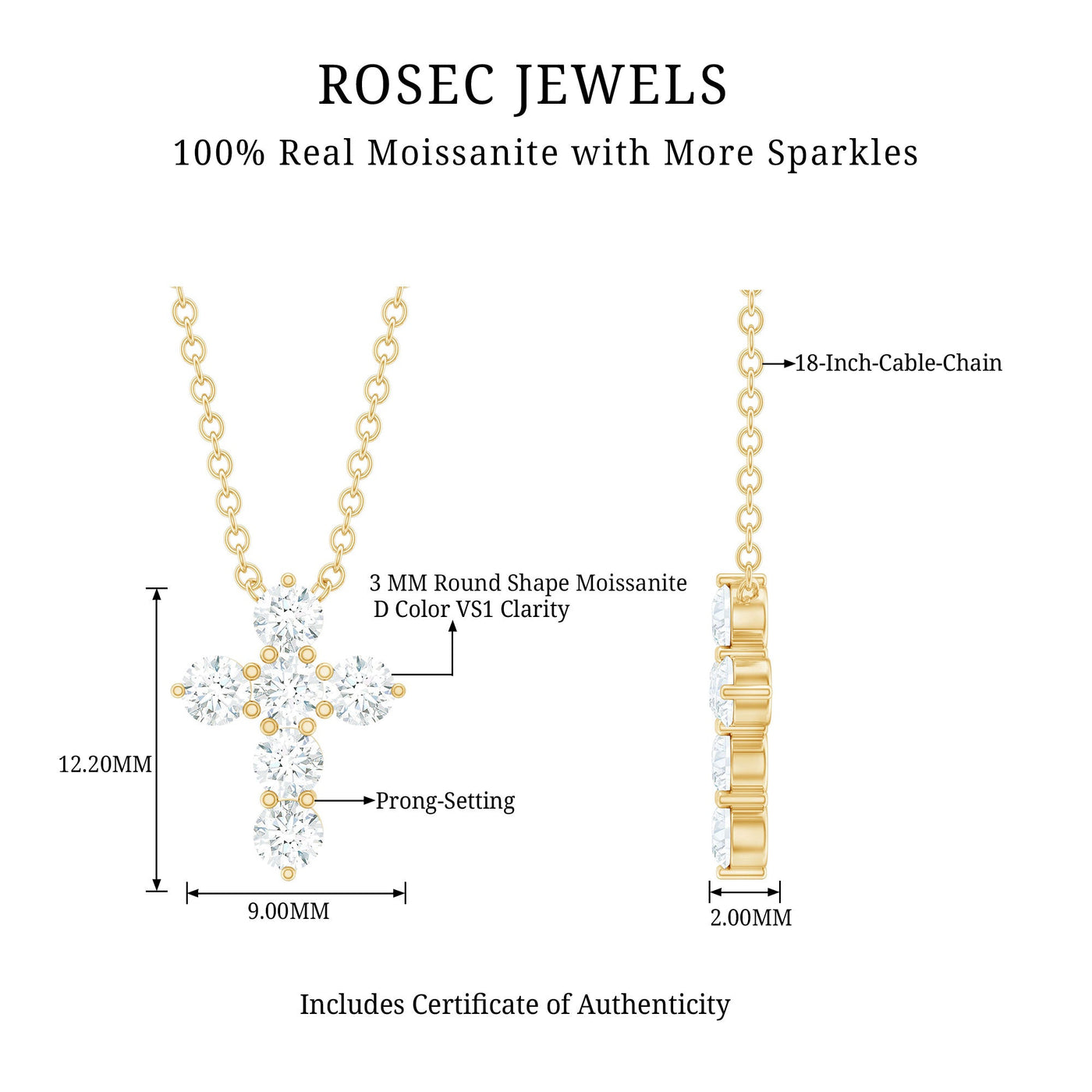 Round Cut Moissanite Cross Pendant Necklace Rosec Jewels
