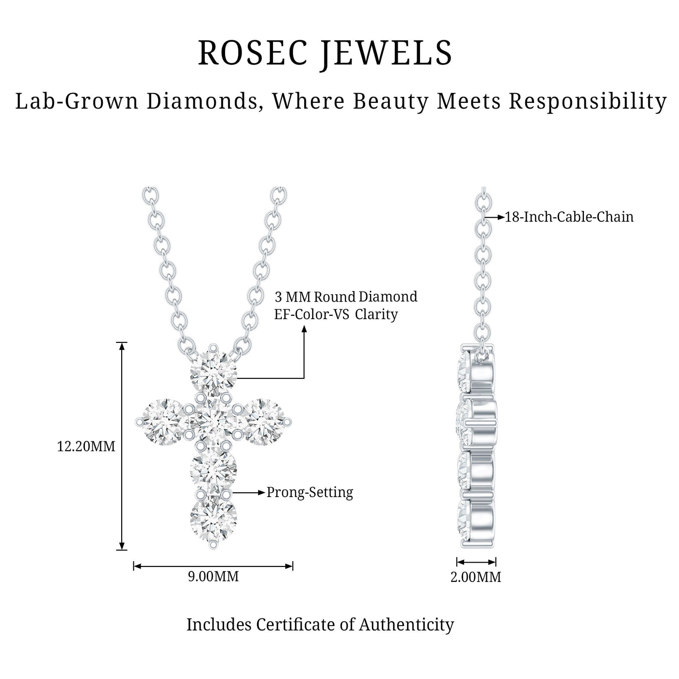 Lab Grown Diamond Religious Cross Pendant Necklace Rosec Jewels