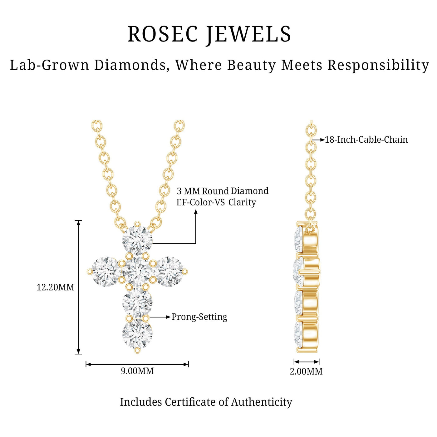 Lab Grown Diamond Religious Cross Pendant Necklace Rosec Jewels