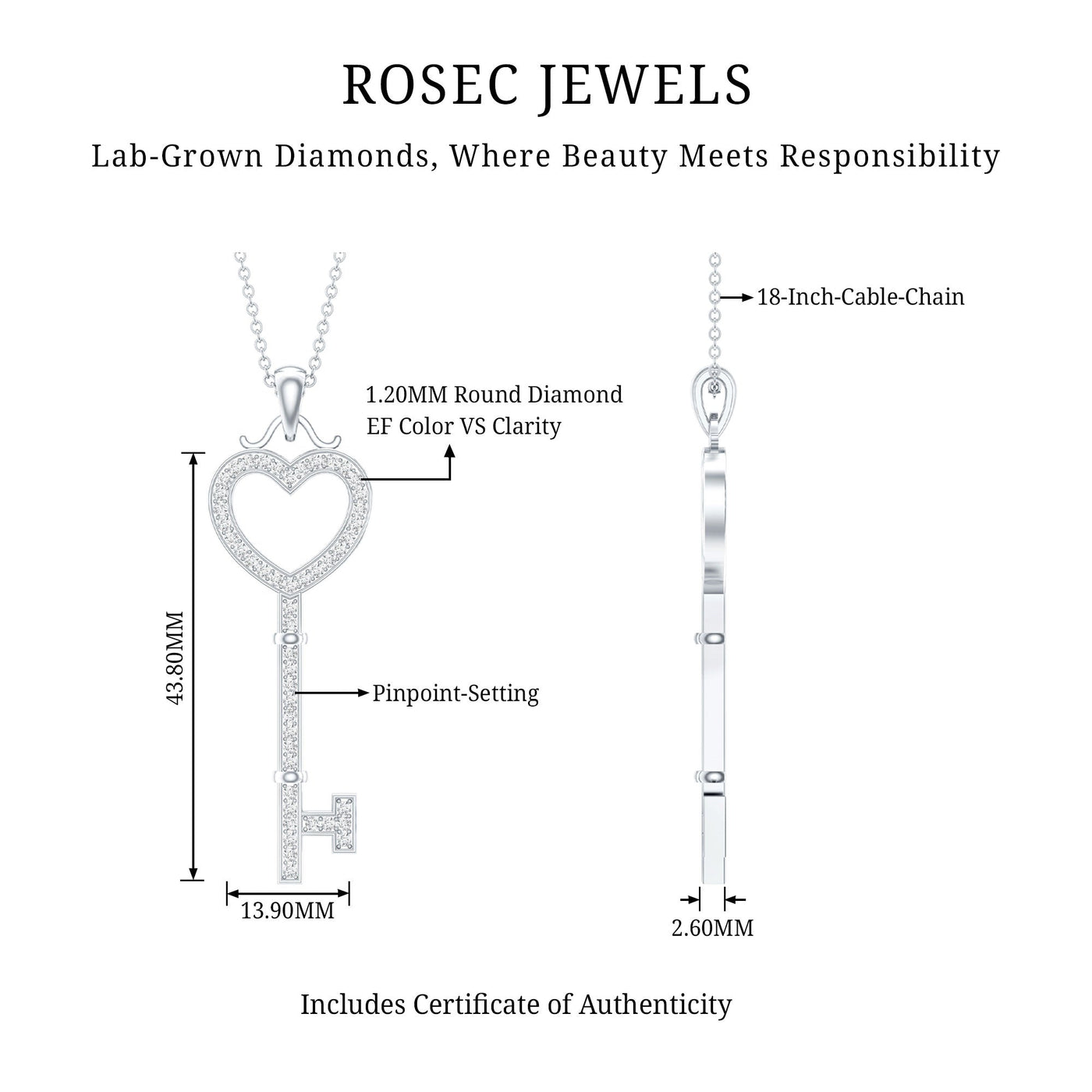 Lab Grown Diamond Key To My Heart Pendant Necklace Rosec Jewels