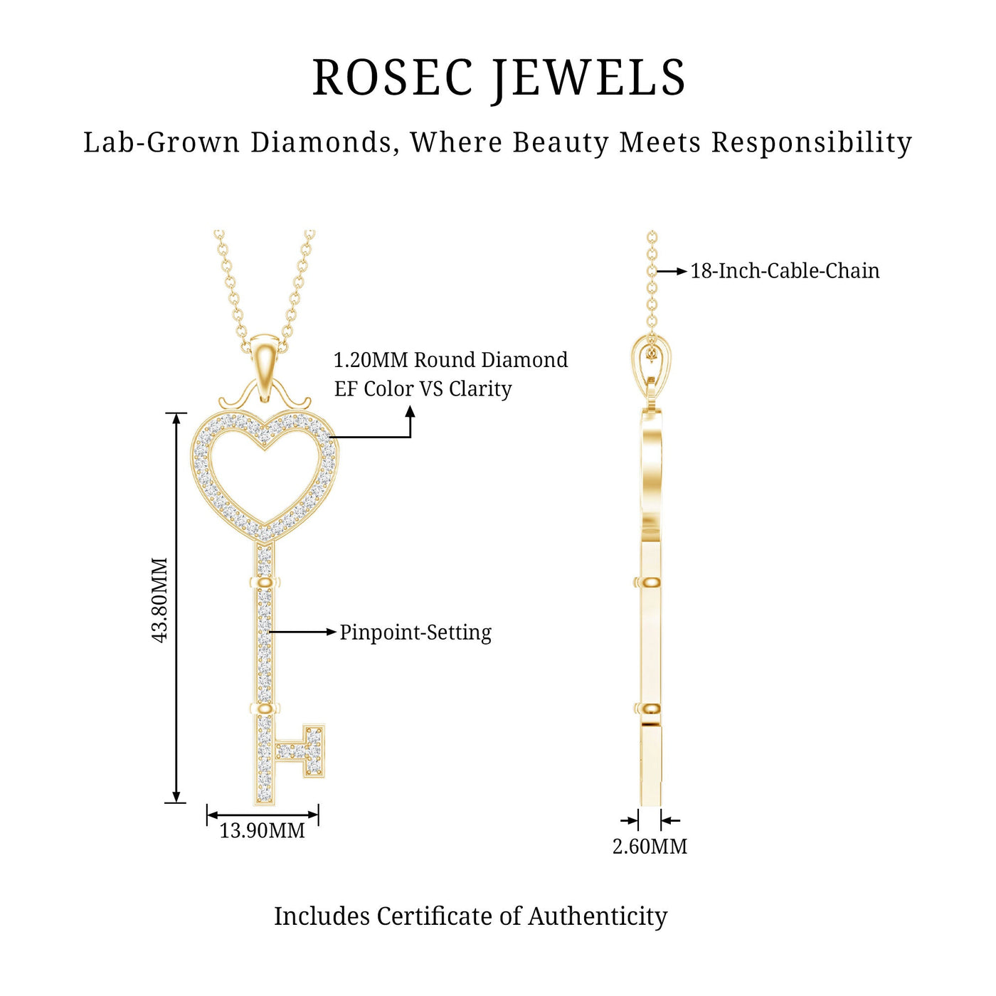 Lab Grown Diamond Key To My Heart Pendant Necklace Rosec Jewels