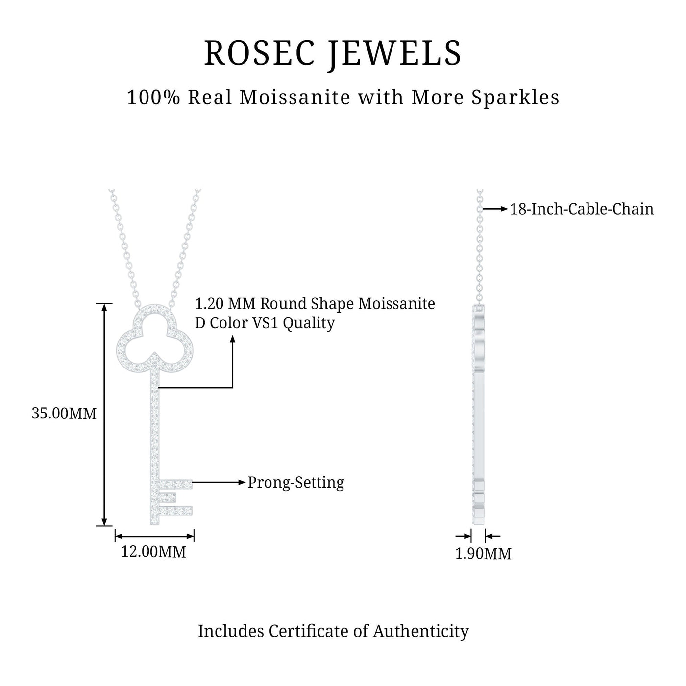 Certified Moissanite Key Pendant Necklace Rosec Jewels