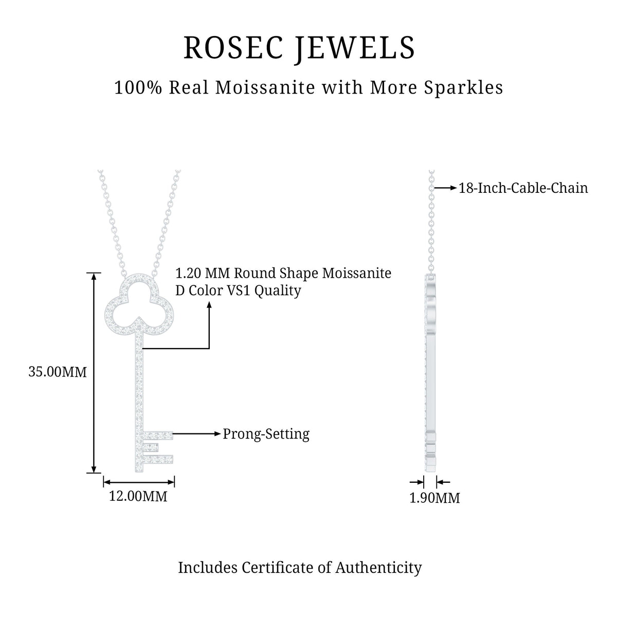 Certified Moissanite Key Pendant Necklace Rosec Jewels