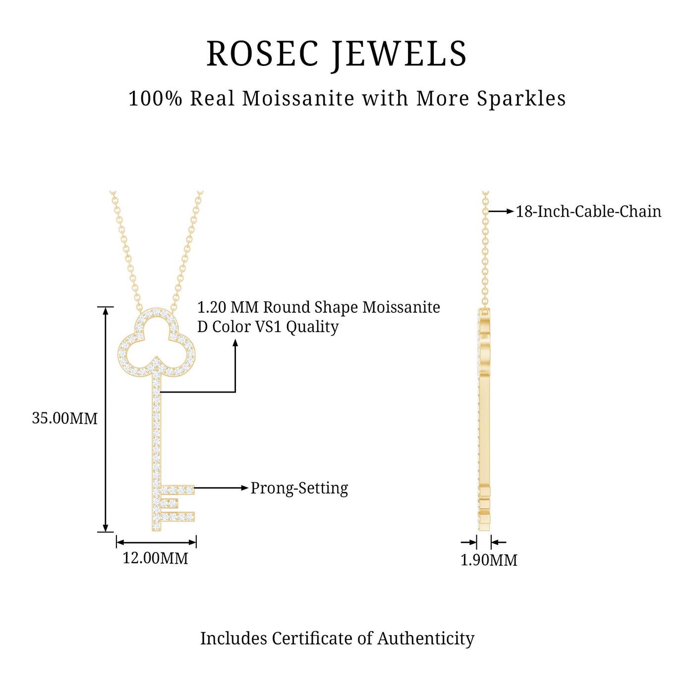 Certified Moissanite Key Pendant Necklace Rosec Jewels