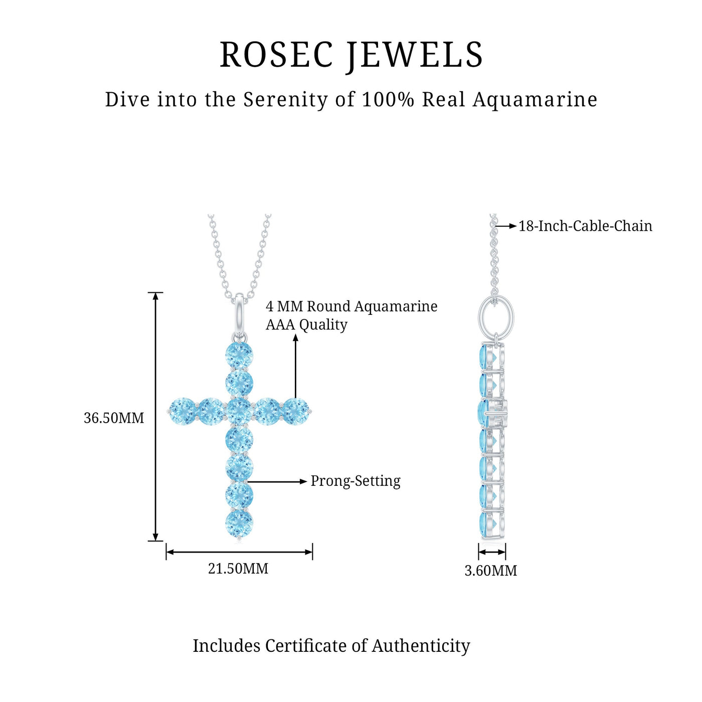 Womens Aquamarine Cross Pendant Necklace with Chain Rosec Jewels