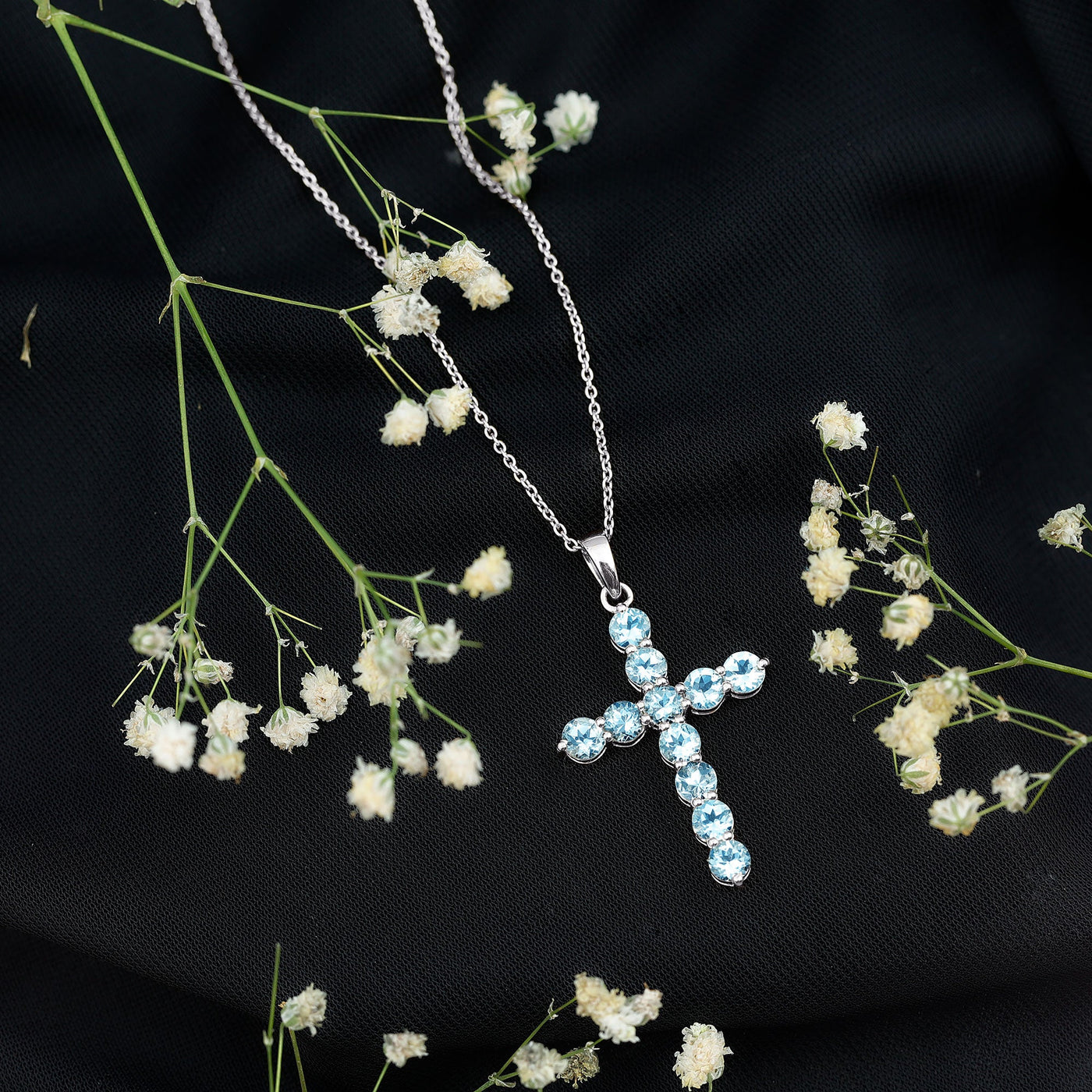Womens Aquamarine Cross Pendant Necklace with Chain Rosec Jewels