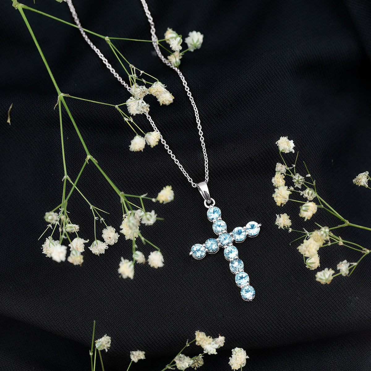 Womens Aquamarine Cross Pendant Necklace with Chain Rosec Jewels