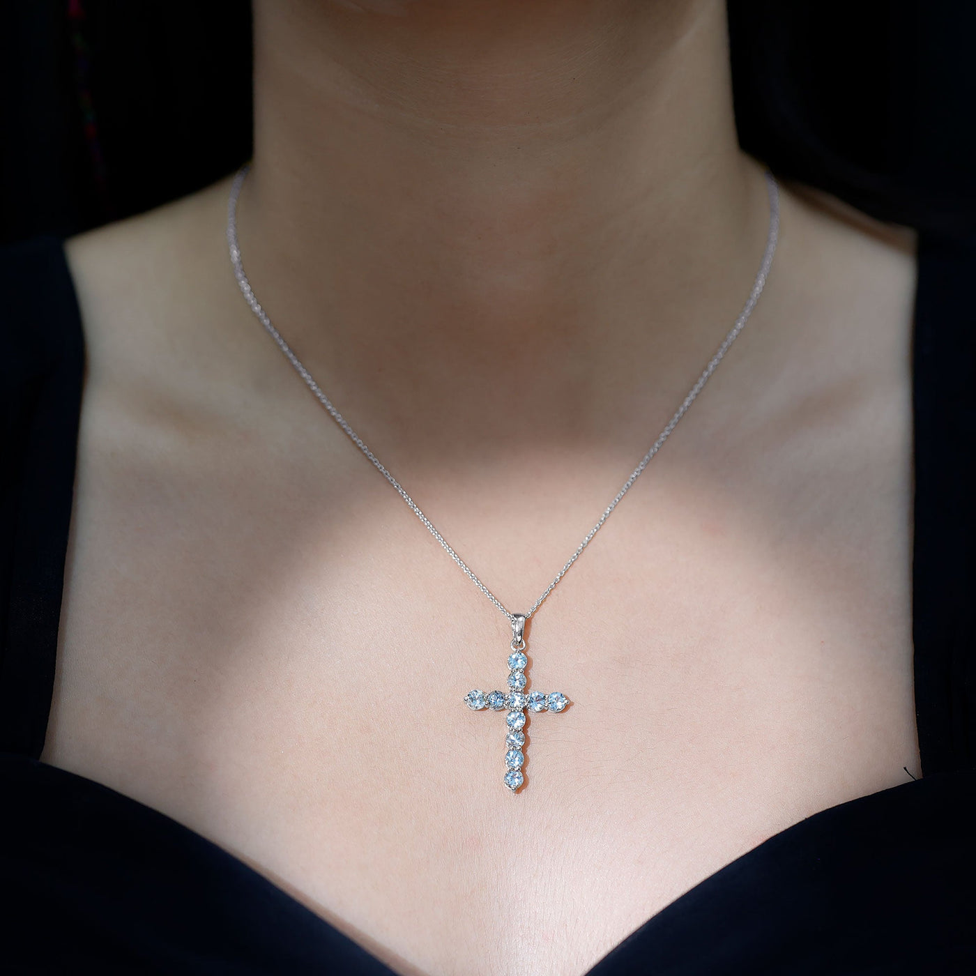 Womens Aquamarine Cross Pendant Necklace with Chain Rosec Jewels