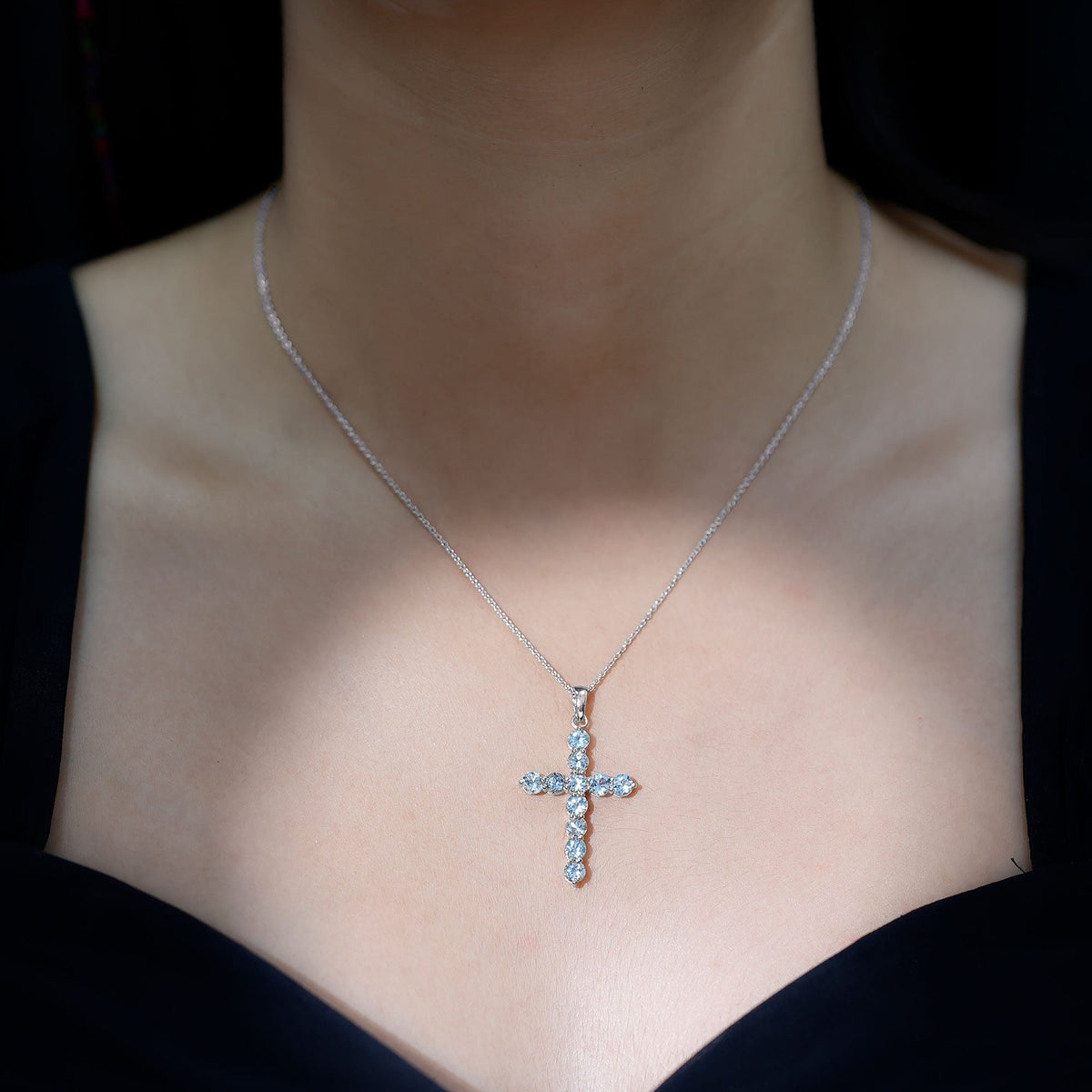 Womens Aquamarine Cross Pendant Necklace with Chain Rosec Jewels