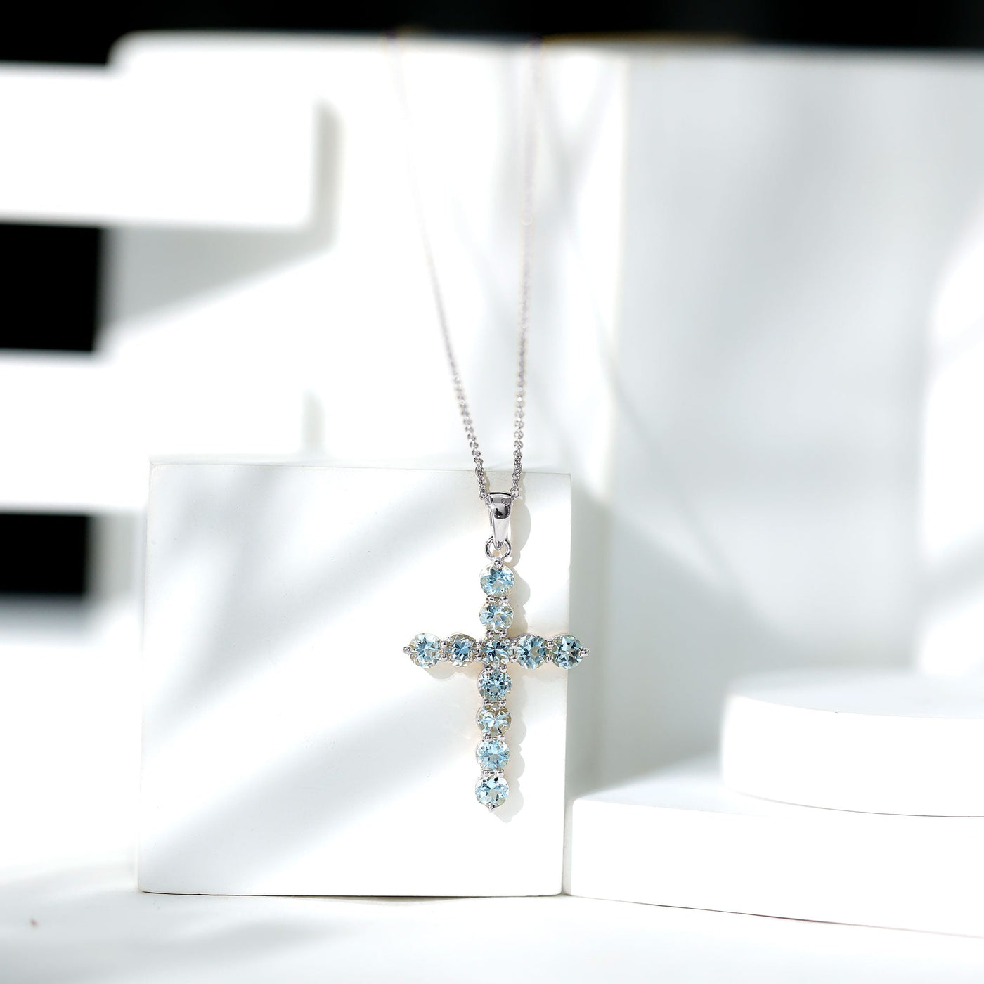 Womens Aquamarine Cross Pendant Necklace with Chain Rosec Jewels