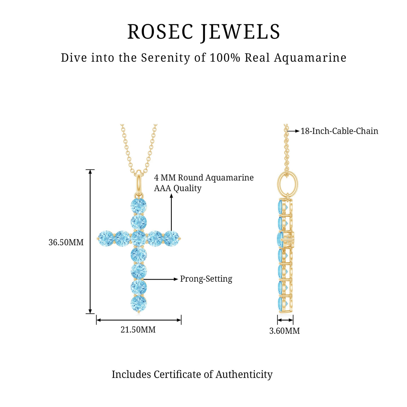Womens Aquamarine Cross Pendant Necklace with Chain Rosec Jewels