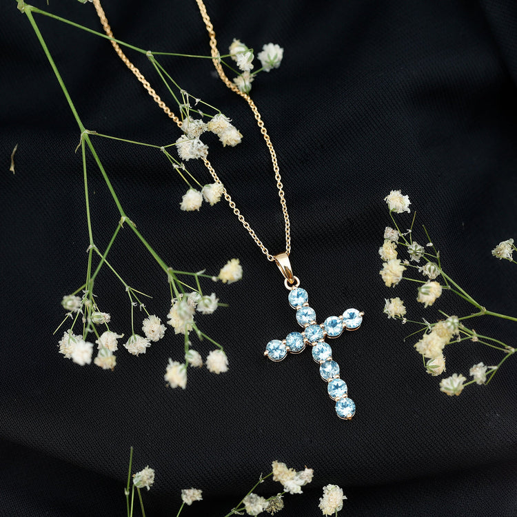 Womens Aquamarine Cross Pendant Necklace with Chain Rosec Jewels