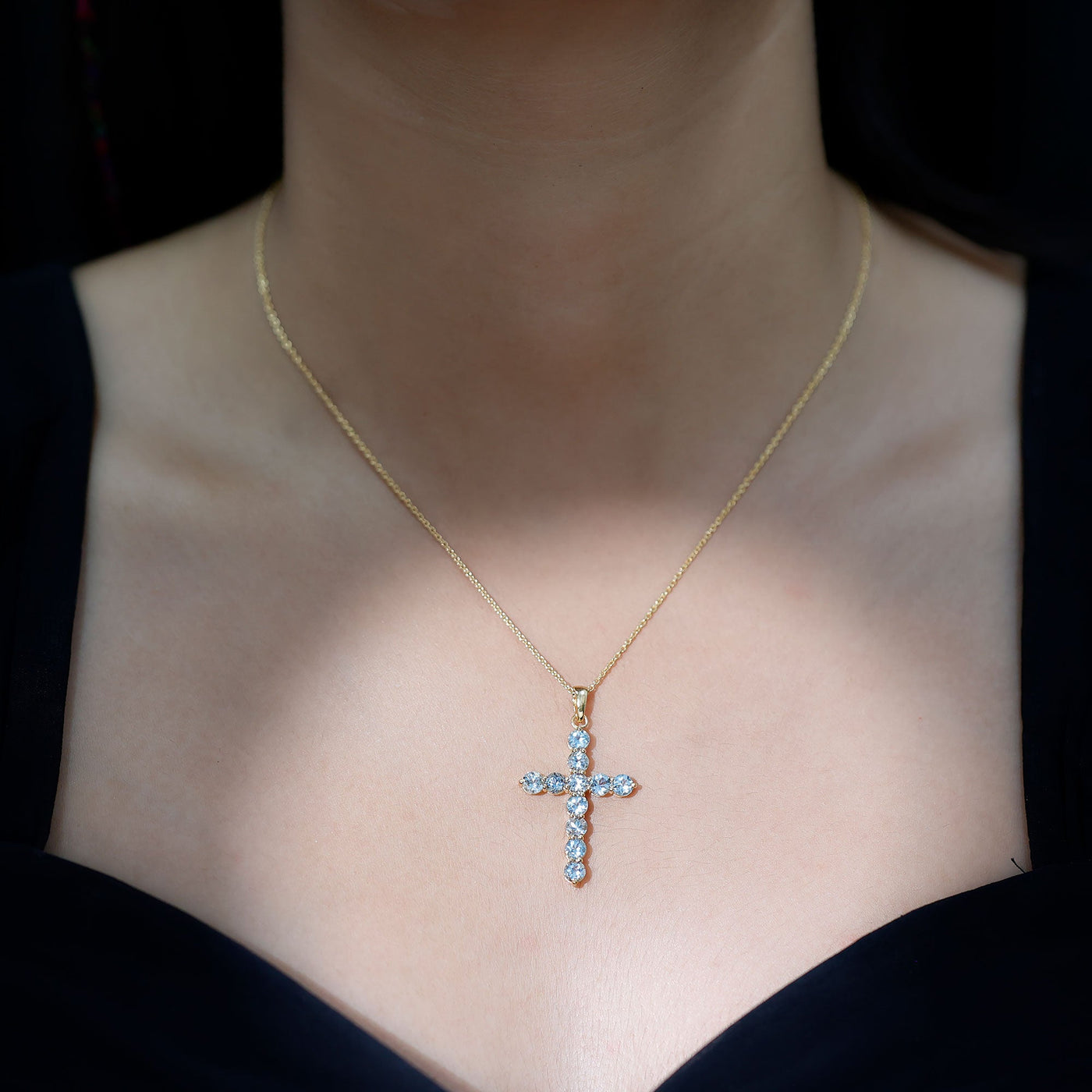 Womens Aquamarine Cross Pendant Necklace with Chain Rosec Jewels