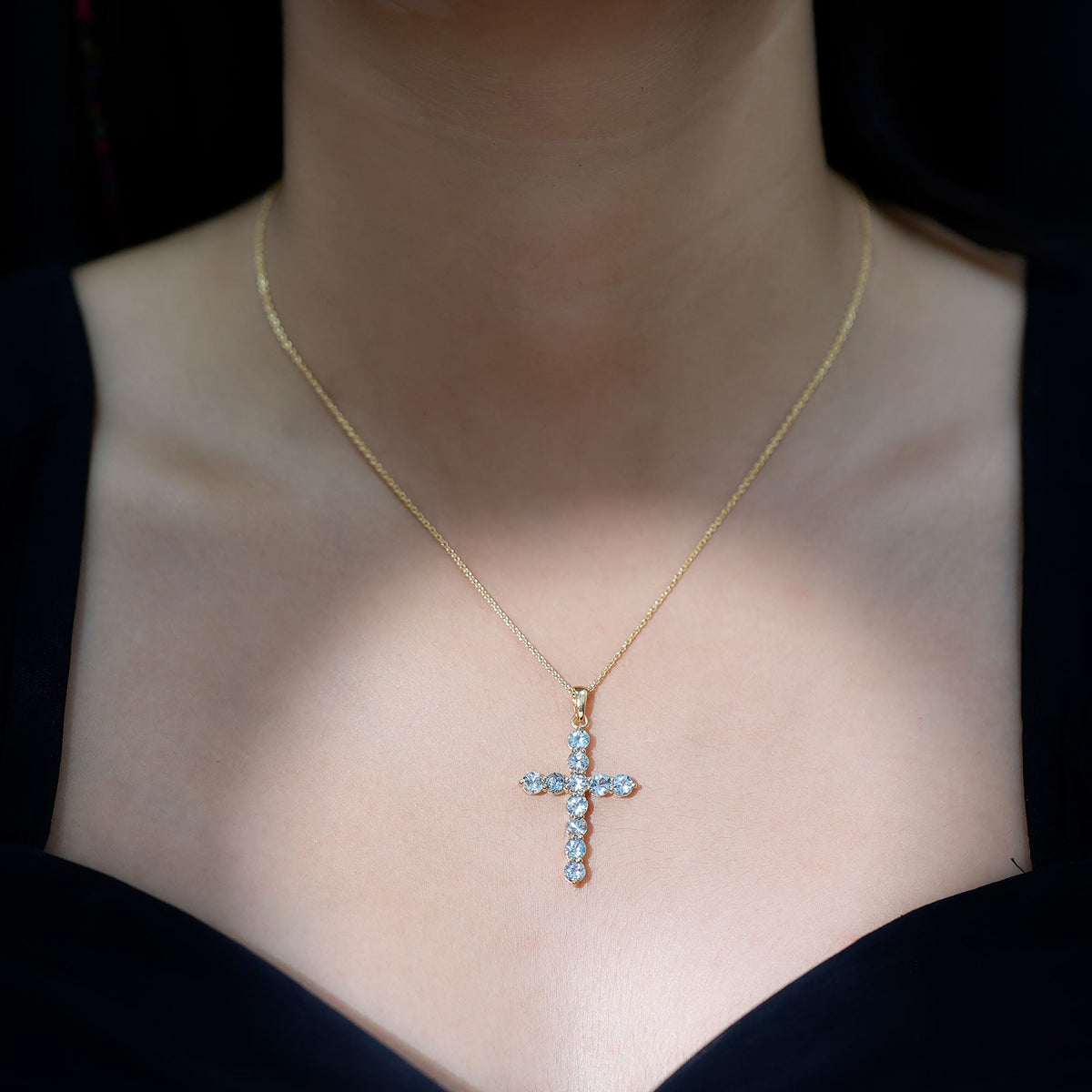 Womens Aquamarine Cross Pendant Necklace with Chain Rosec Jewels