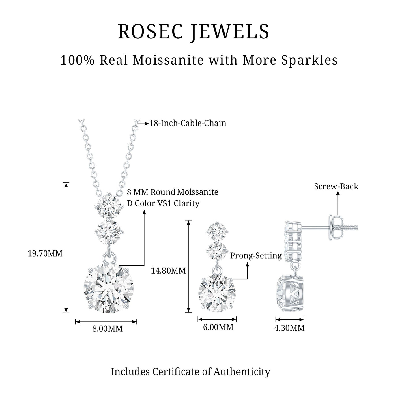 Moissanite 3 Stone Dangle Necklace and Earrings Set Rosec Jewels