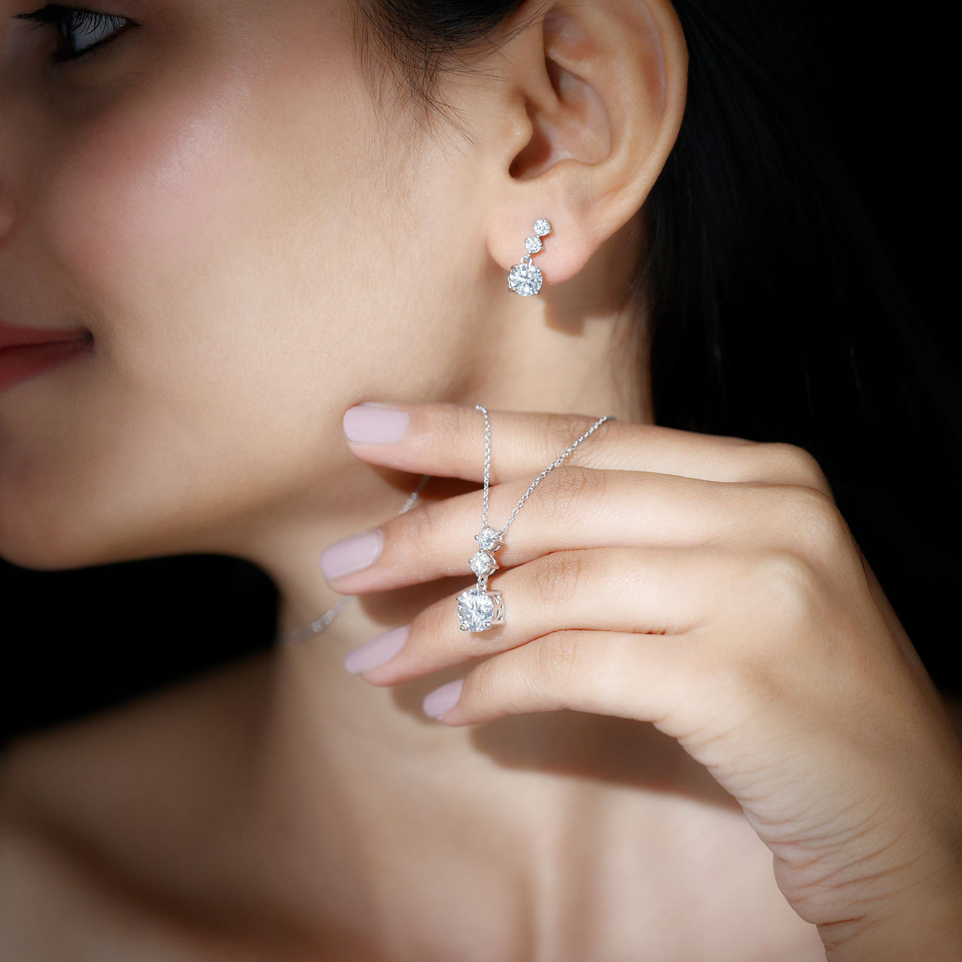 Moissanite 3 Stone Dangle Necklace and Earrings Set Rosec Jewels