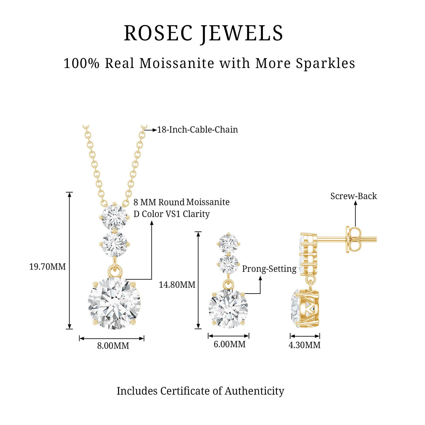 Moissanite 3 Stone Dangle Necklace and Earrings Set Rosec Jewels