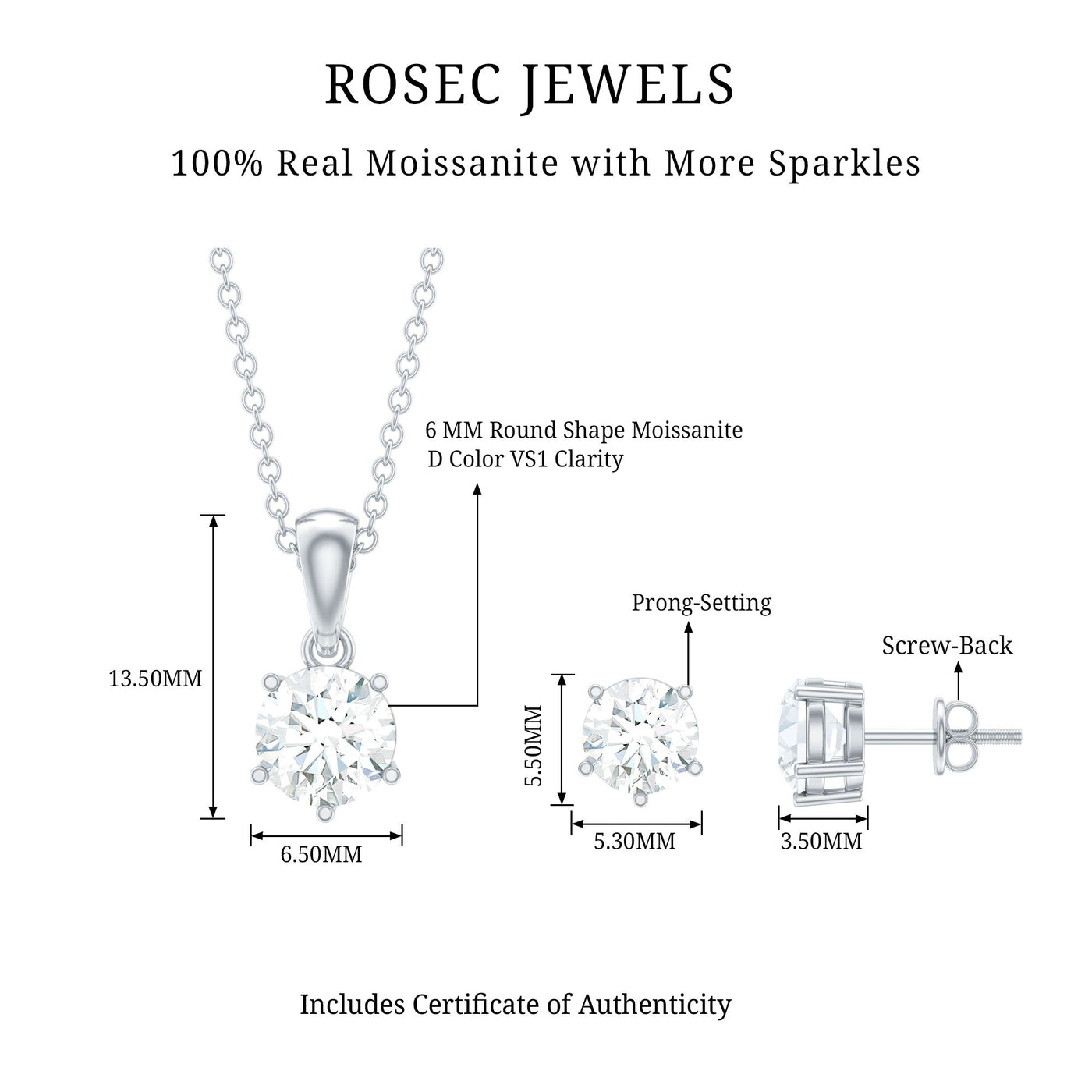 Certified Round Shape Moissanite Solitaire Jewelry Set Rosec Jewels
