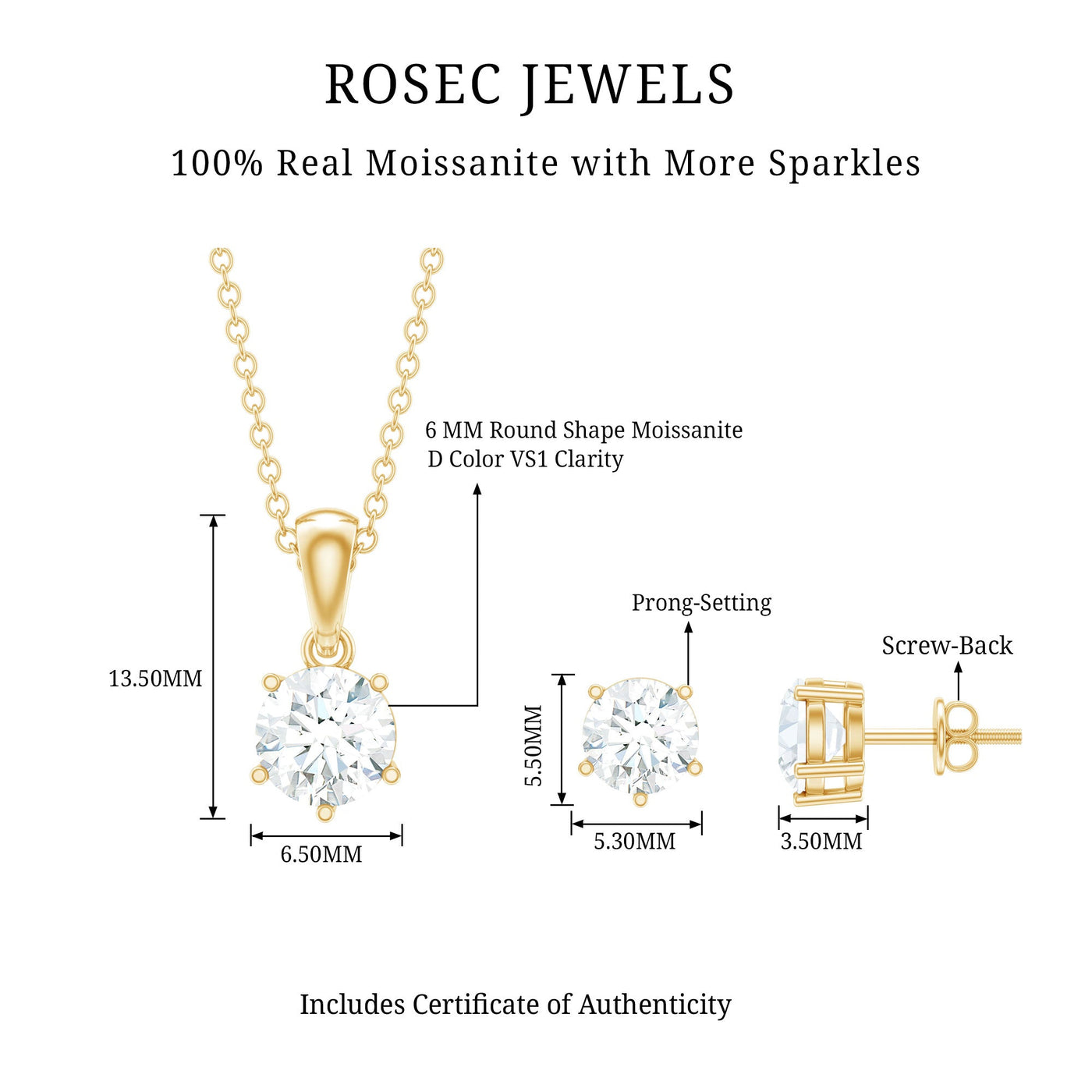 Certified Round Shape Moissanite Solitaire Jewelry Set Rosec Jewels