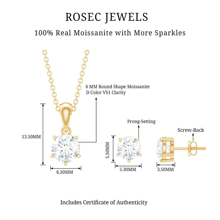 Certified Round Shape Moissanite Solitaire Jewelry Set Rosec Jewels