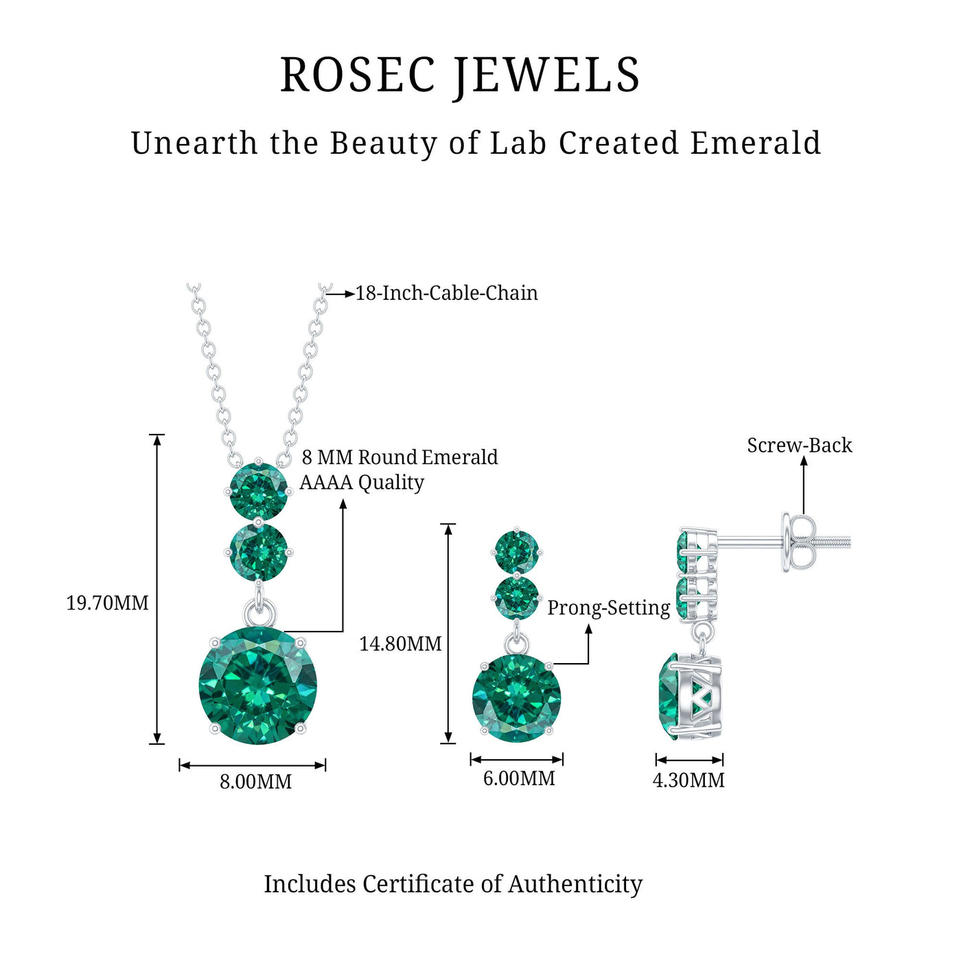 Certified Lab Created Emerald Dangle Necklace Earrings Set Rosec Jewels