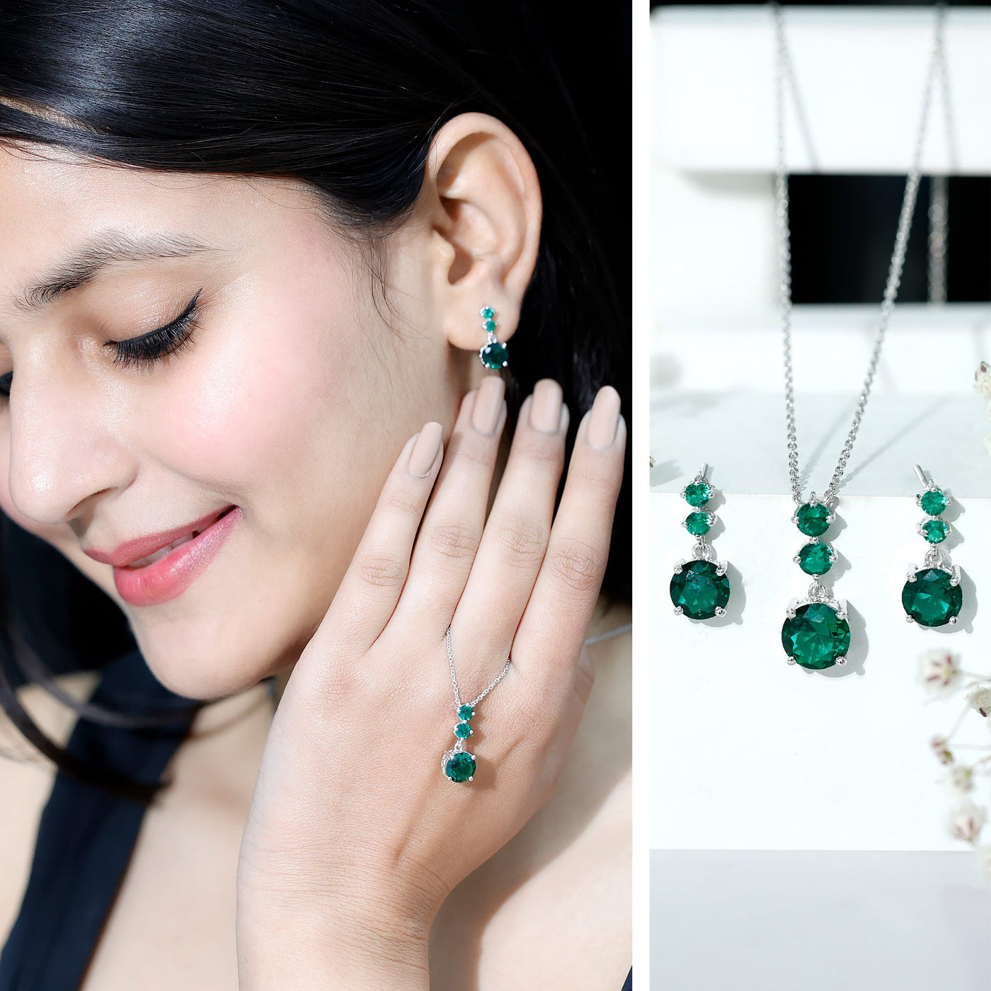 Certified Lab Created Emerald Dangle Necklace Earrings Set Rosec Jewels