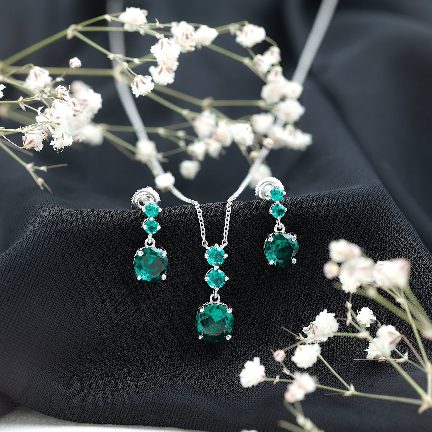 Certified Lab Created Emerald Dangle Necklace Earrings Set Rosec Jewels