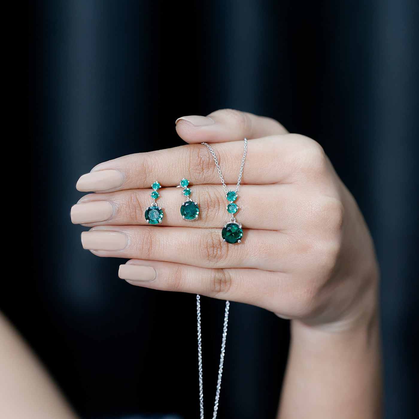 Certified Lab Created Emerald Dangle Necklace Earrings Set Rosec Jewels