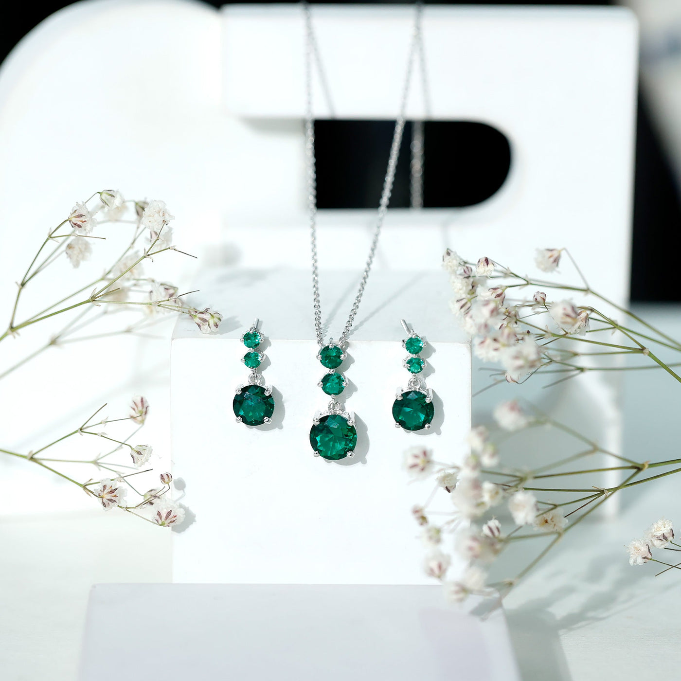Certified Lab Created Emerald Dangle Necklace Earrings Set Rosec Jewels