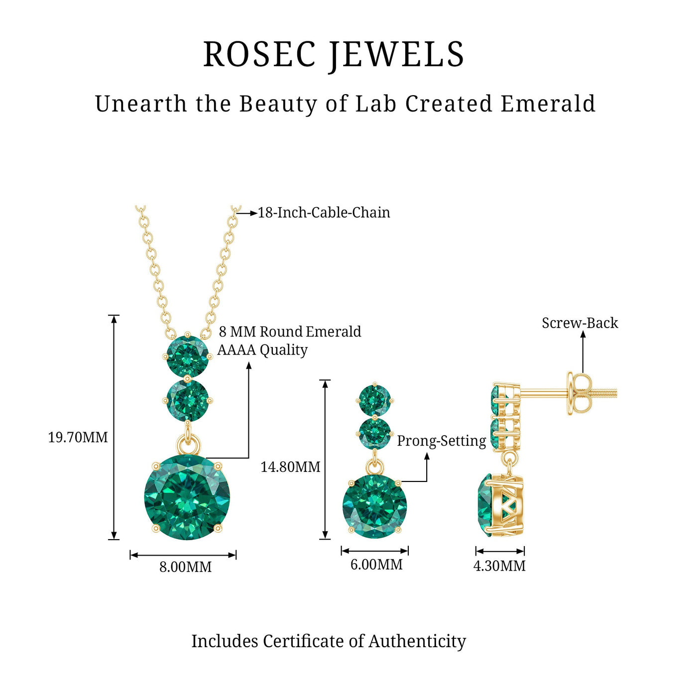 Certified Lab Created Emerald Dangle Necklace Earrings Set Rosec Jewels