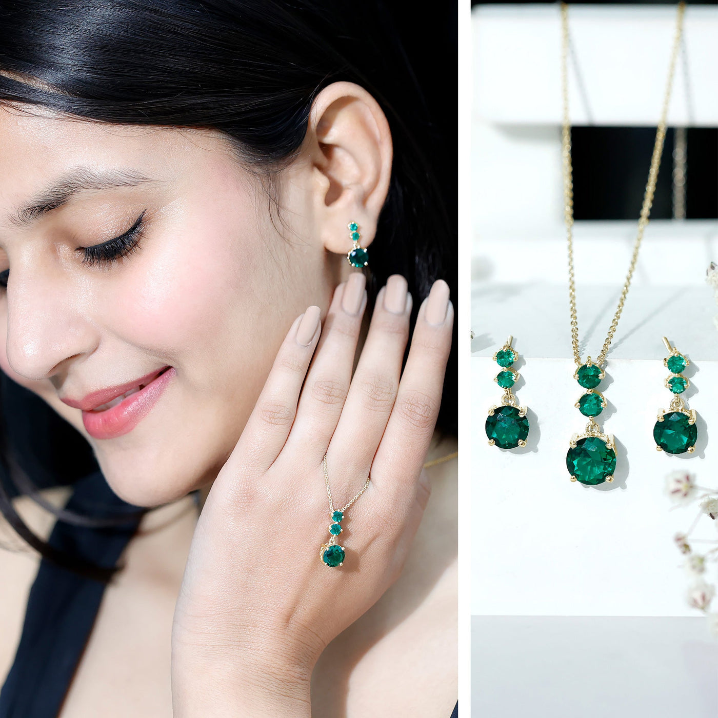 Certified Lab Created Emerald Dangle Necklace Earrings Set Rosec Jewels