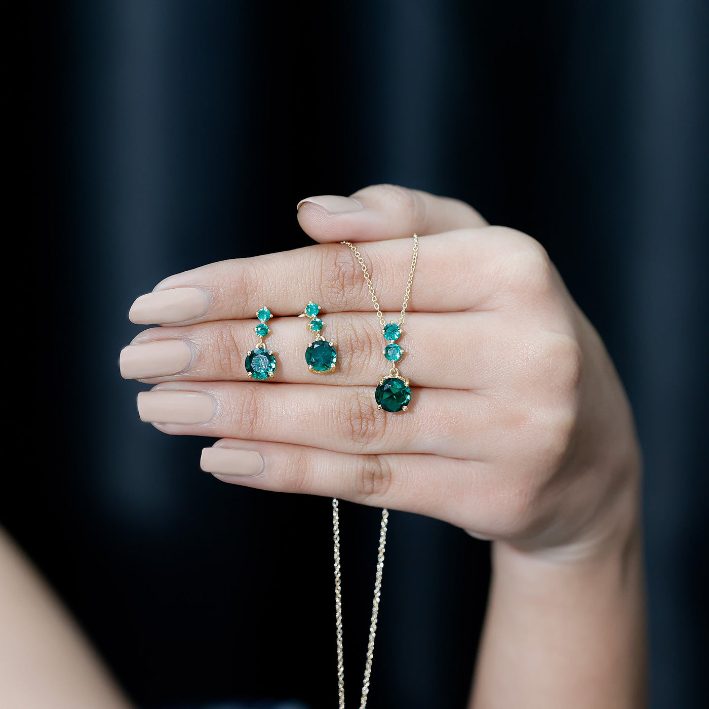 Certified Lab Created Emerald Dangle Necklace Earrings Set Rosec Jewels