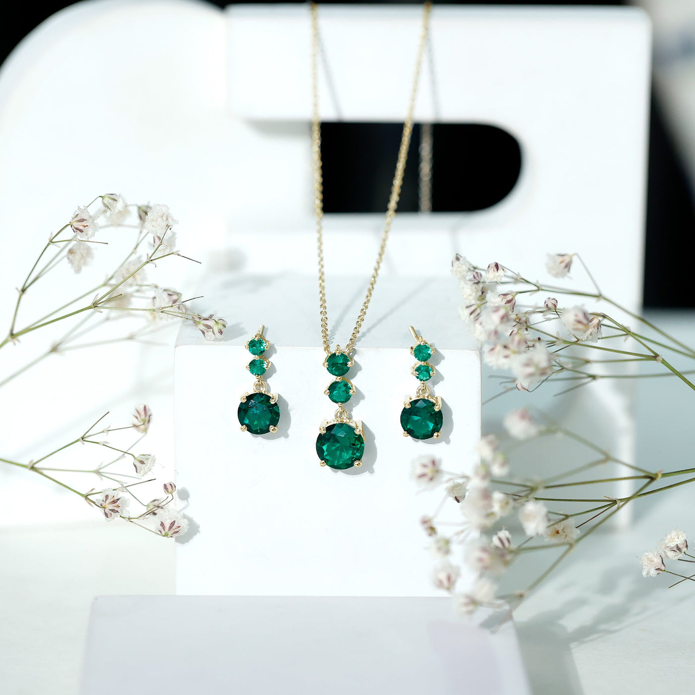 Certified Lab Created Emerald Dangle Necklace Earrings Set Rosec Jewels