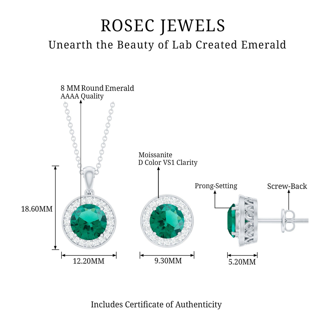 Certified Lab Grown Emerald Moissanite Bridal Jewelry Set Rosec Jewels