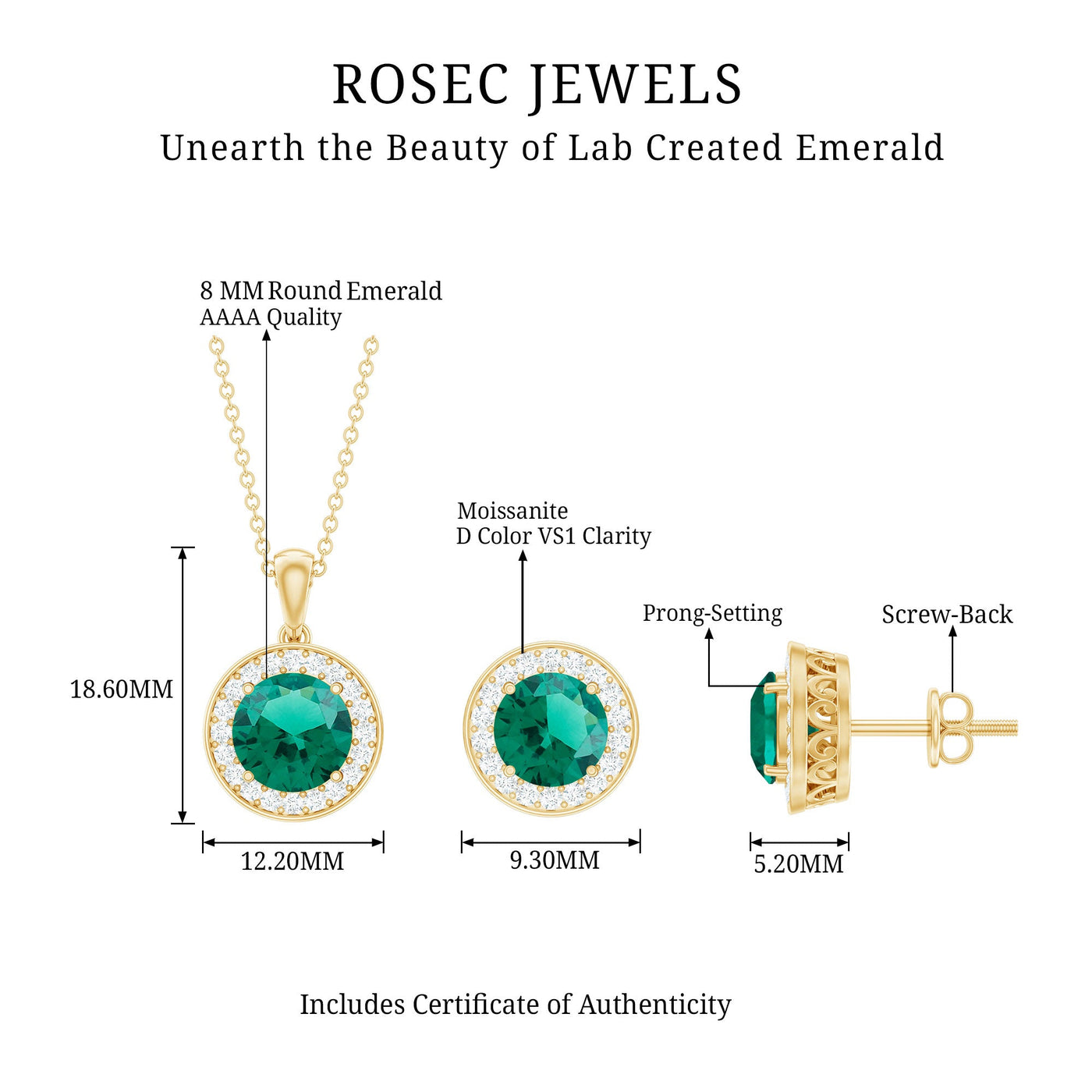 Certified Lab Grown Emerald Moissanite Bridal Jewelry Set Rosec Jewels